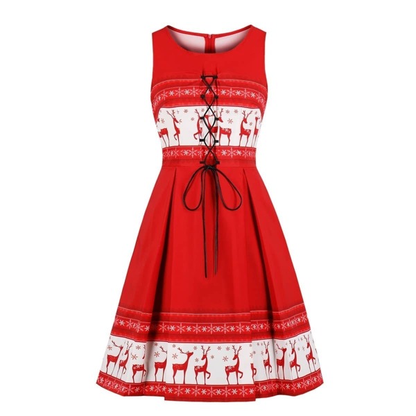 

50s Lace-Up Front Chrismas Print Dress, Red