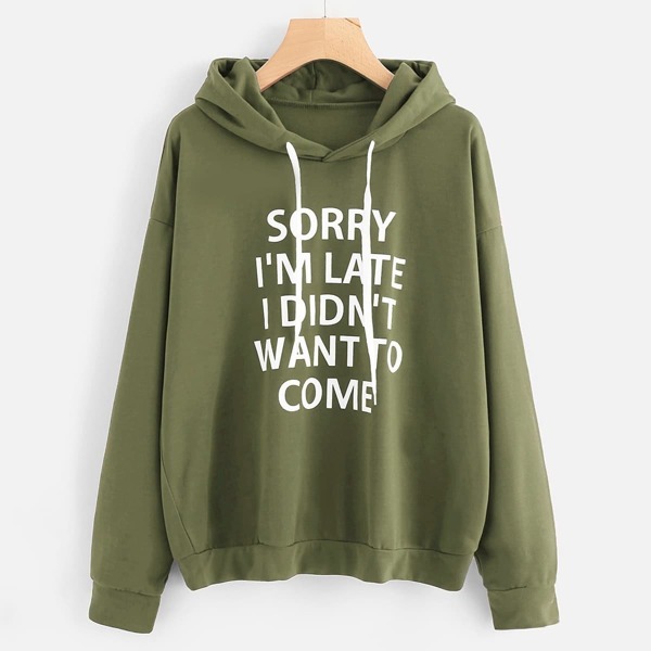 

Letter Print Drop Shoulder Hoodie, Army green