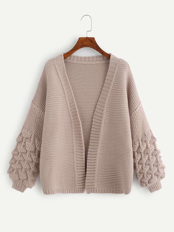 

Plus Crochet Bishop Sleeve Marled Cardigan, Pink