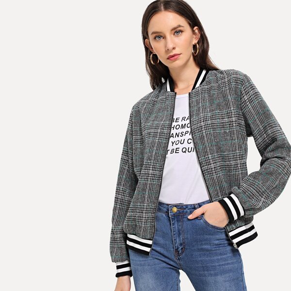 

Varsity Striped Plaid Jacket, Dark grey