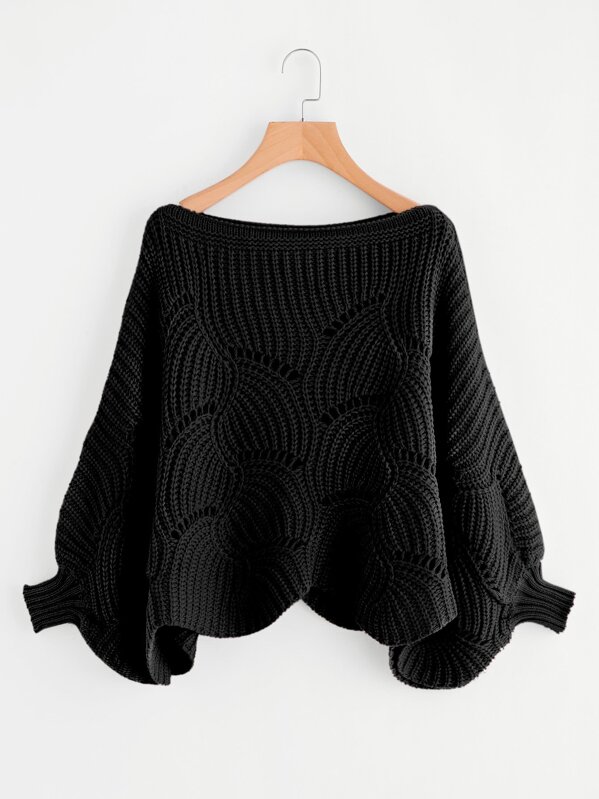 

Eyelet Detail Dolman Sleeve Scalloped Sweater, Black