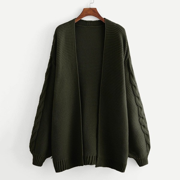 

Balloon Sleeve Open Front Longline Cardigan, Army green