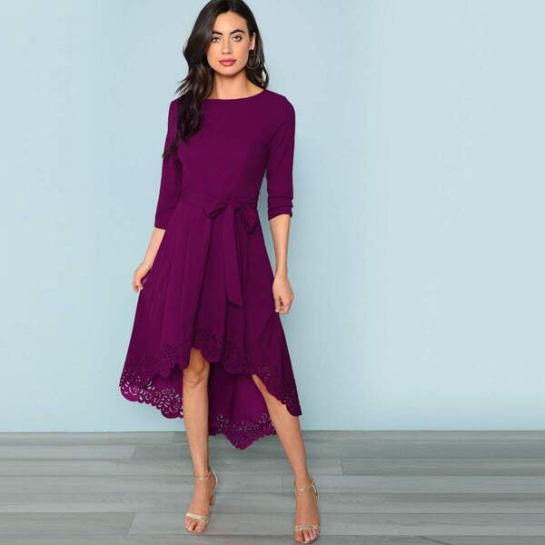 

Laser Cut Dip Hem Dress with Belt, Purple
