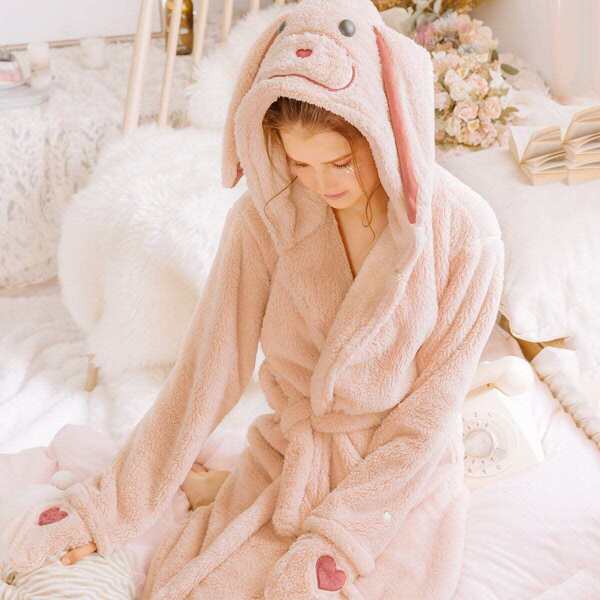 

Heart Embroidered Rabbit Self Belted Hooded Robe