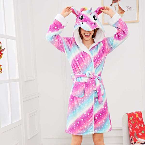 

Christmas Star Print Unicorn Hooded Robe, Multicolor