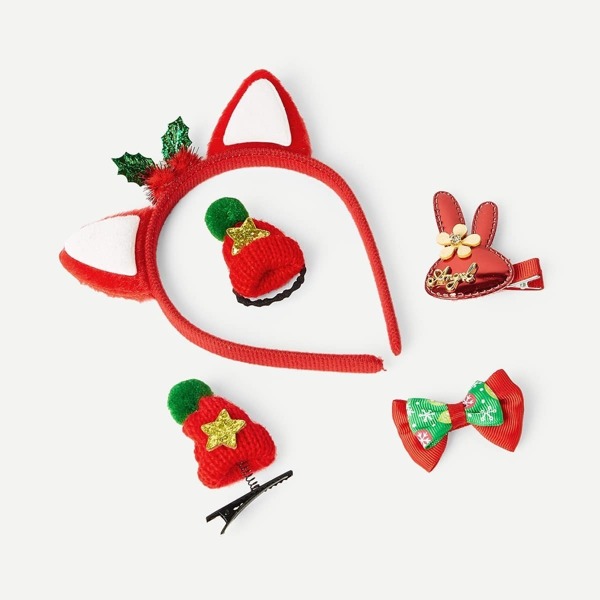 

Christmas Kids Headband and Hair Clip Set 5pcs, Red