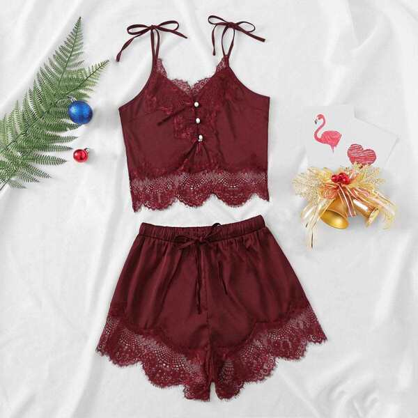 

Contrast Lace Cami Top & Shorts With Thong