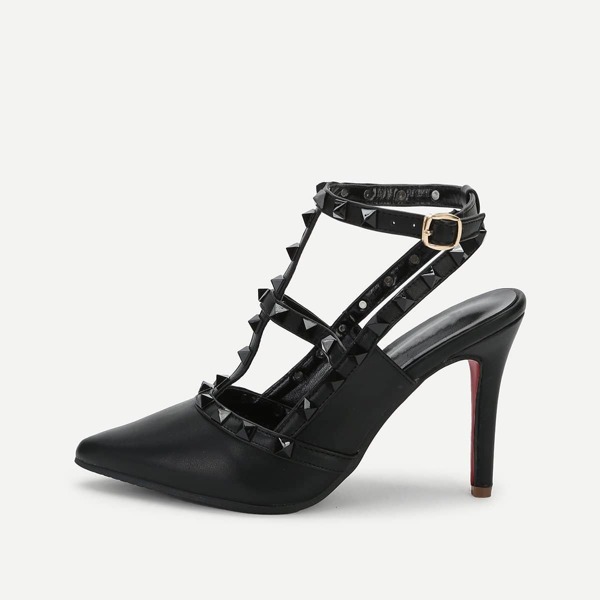

Rivet Detail Ankle Strap Stiletto Heels, Black