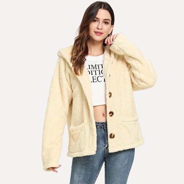 

Pocket Front Button Up Hooded Teddy Jacket