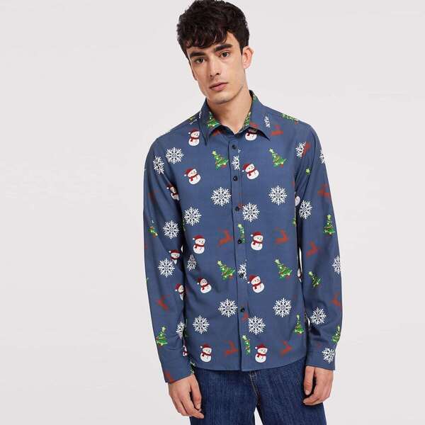 

Men Button Front Allover Print Shirt, Navy blue
