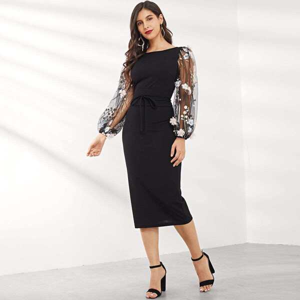 

Embroidered Applique Mesh Sleeve Self Tie Dress, Black