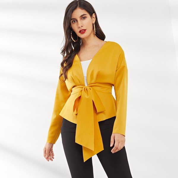 

Fold Pleat Back Tied Waist Jersey Coat