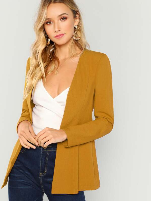 

Hook And Eye Closure Solid Blazer, Yellow, Racquelle Lawrence