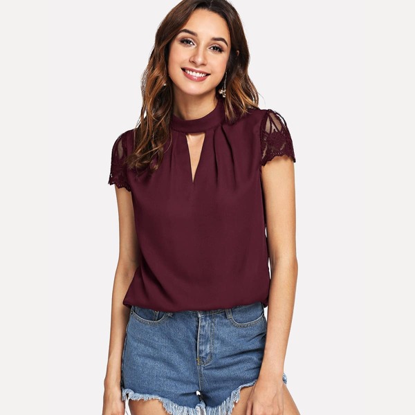 

V Cut Neck Lace Sleeve Blouse