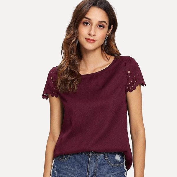 

Scallop Laser Cut Cap Sleeve Top