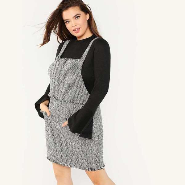 

Plus Frayed Trim Tweed Overall Dress, Black and white