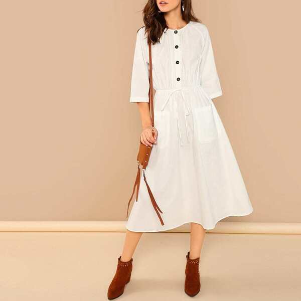 

Drawstring Waist Button Up Midi Dress, White