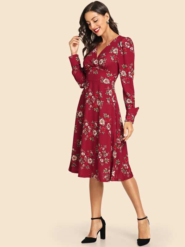 

Zip Back Floral Print Dress, Red, Jeane