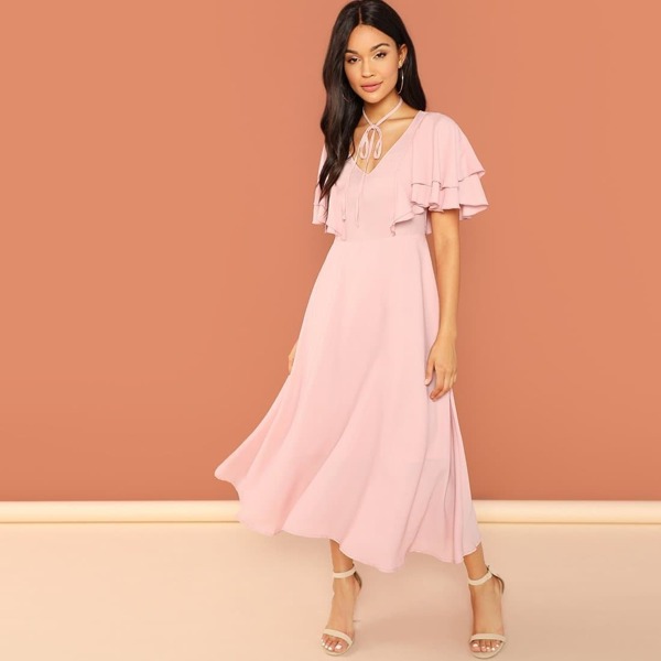 

Tie Neck Flutter Sleeve Flowy Solid Dress, Pink