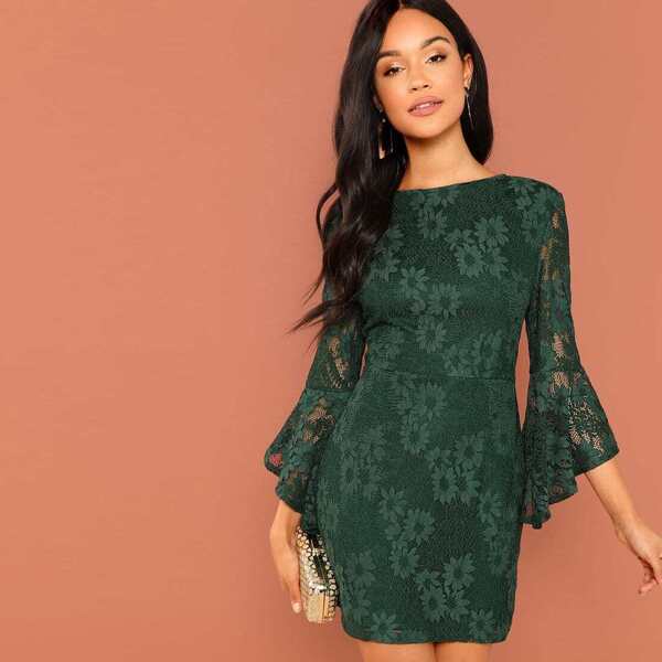 

Flounce Sleeve Guipure Lace V Back Dress, Green