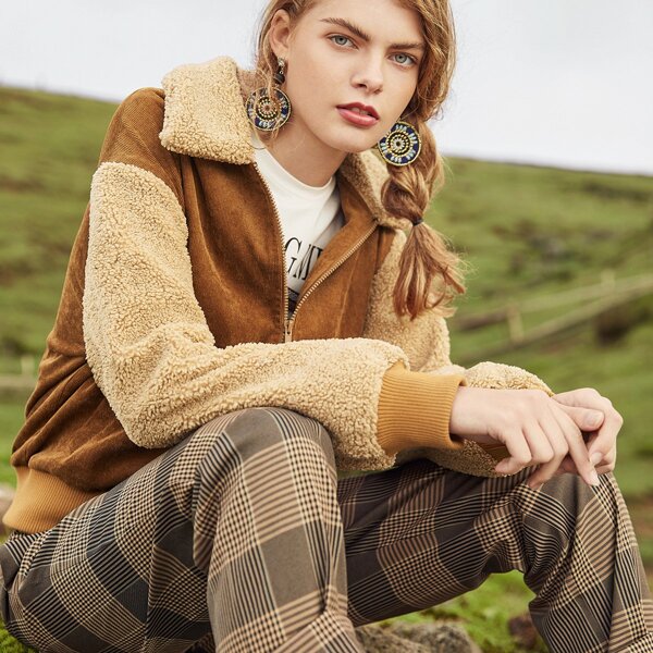 

Fuzzy Collar & Sleeve Corduroy Jacket, Brown