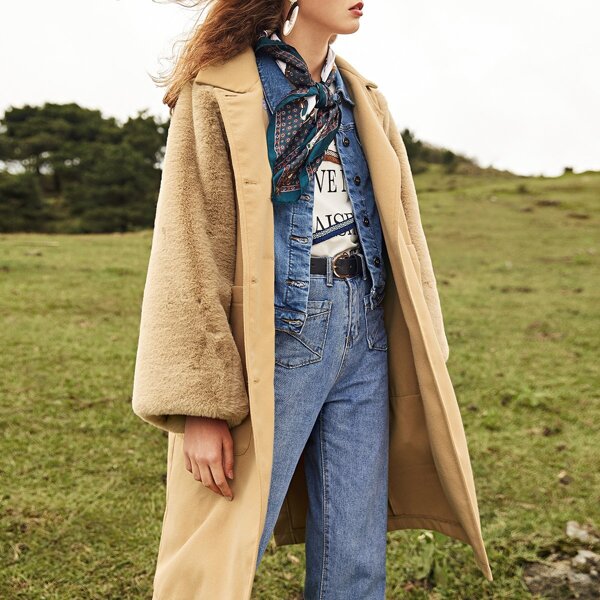 

Double Breasted Faux Fur Contrast Coat, Camel