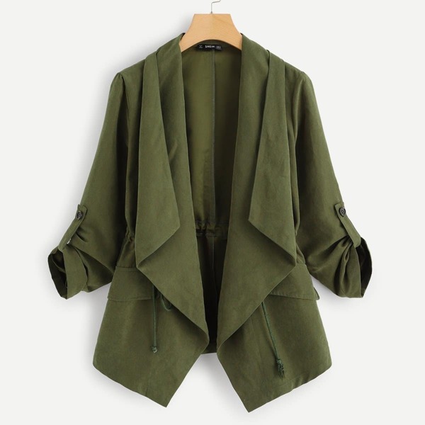 

Solid Pocket Front Drawstring Waterfall Coat, Army green