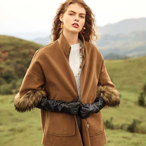 

Drop Shoulder Faux Fur Detail Coat