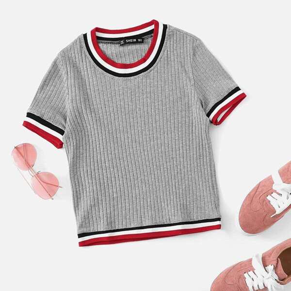 

Contrast Striped Ribbed Crop Tee