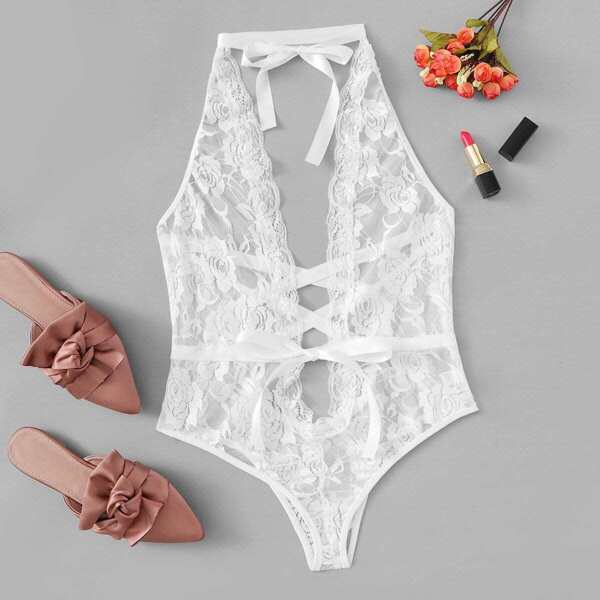 

Criss Cross Plunging Teddy Bodysuit, White