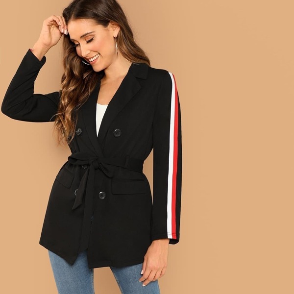 

Striped Side Double Breasted Placket Belted Blazer, Black