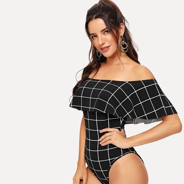 

Ruffle Layered Neck Plaid Bodysuit
