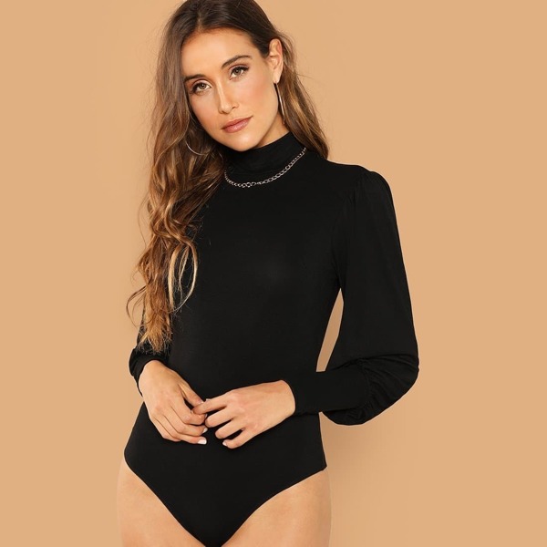 

Mock Neck Lantern Sleeve Solid Bodysuit