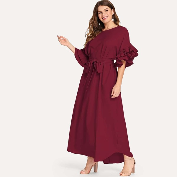 

Plus Pleated Ruffle Cuff Self Belted Dress, Burgundy