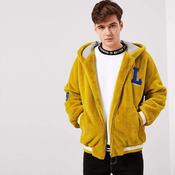 

Men Letter Patched Faux Fur Coat
