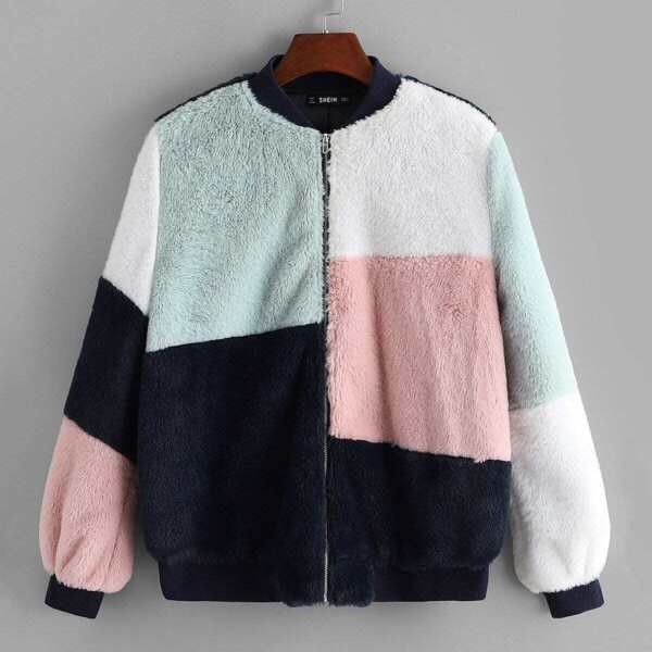 

Cut and Sew Faux Fur Zip Up Coat, Multicolor