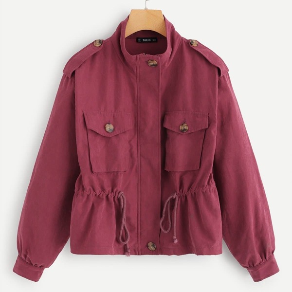 

Drawstring Waist Pocket Print Utility Coat, Burgundy