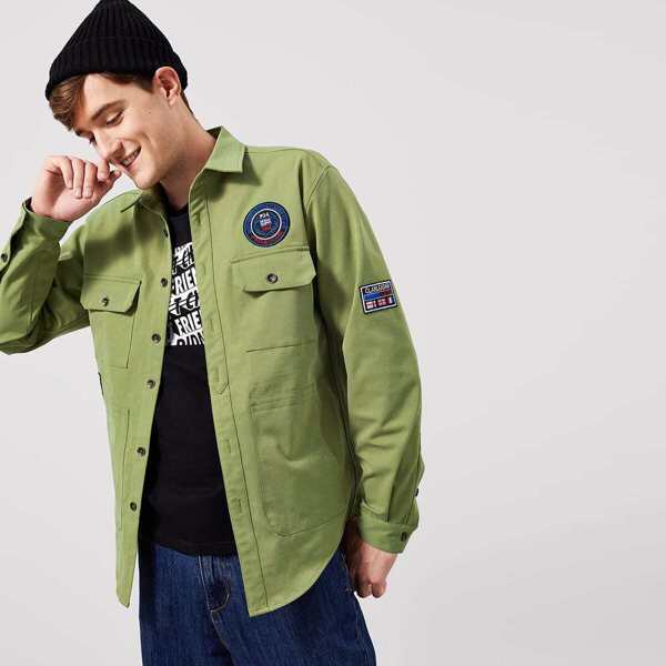 

Men Flap Pocket Patched Detail Shirt, Army green