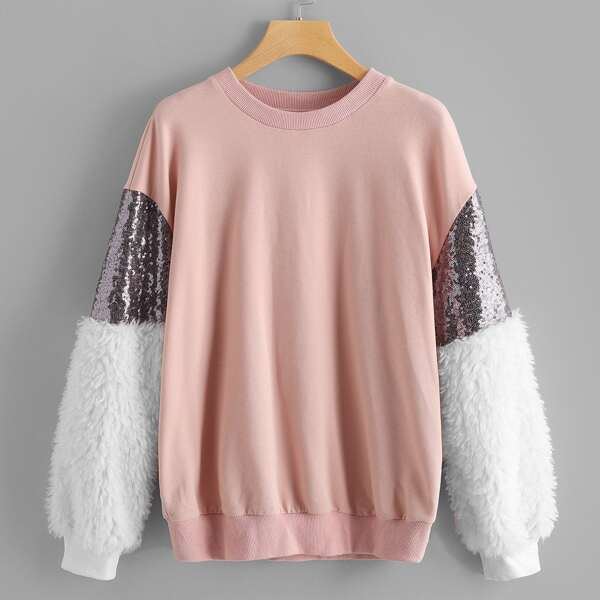 

Contrast Faux Fur Sleeve Sweatshirt, Multicolor