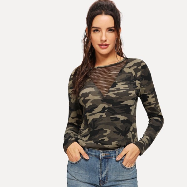 

Mesh Insert Camo Print Tee