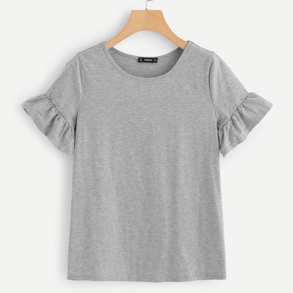 

Frill Sleeve Solid Tee, Grey