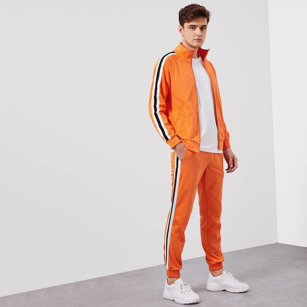 

Men Zip Front Pocket Striped Coat & Pants Set, Orange