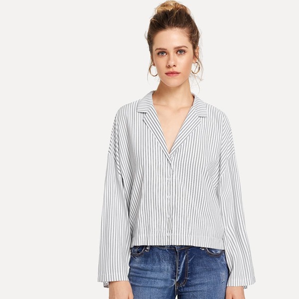 

Button Front Notched Neck Striped Top
