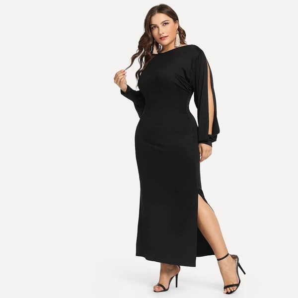 

Plus Cold Shoulder Split Solid Dress, Black