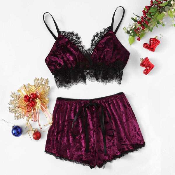 

Lace Trim Split Cami Top & Shorts, Burgundy