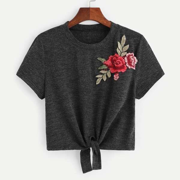 

Floral Applique Knot Tee, Black