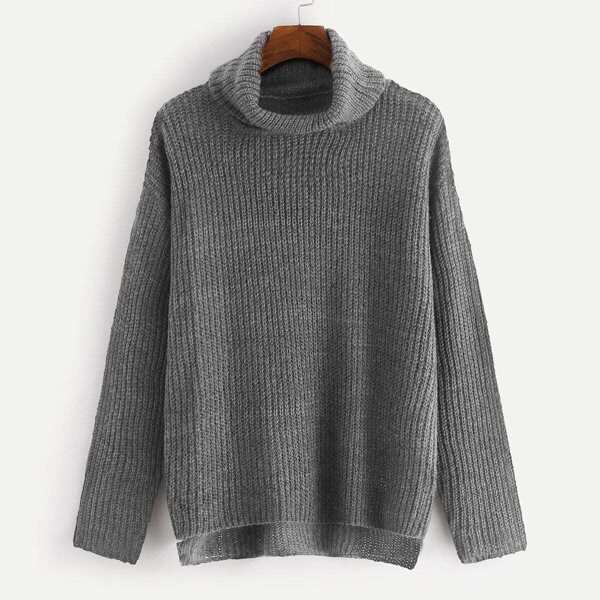 Rolled Up Neck Dip Hem Sweater