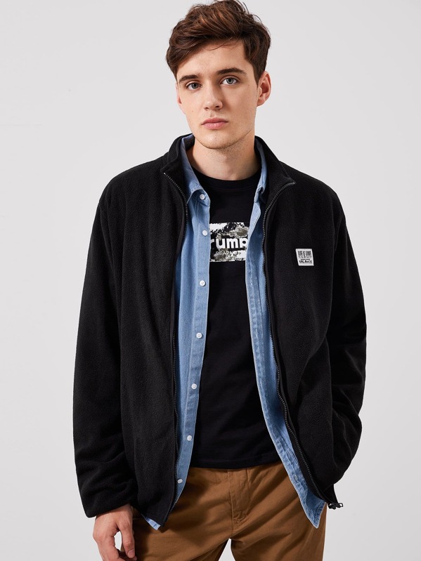 

Men Zip Up Patched Detail Jacket, Black, Jan