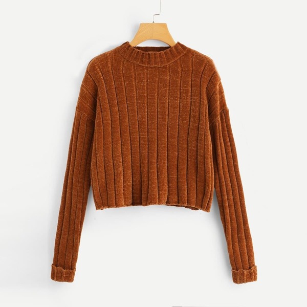 

Rolled Up Sleeve Solid Ribbed Sweater
