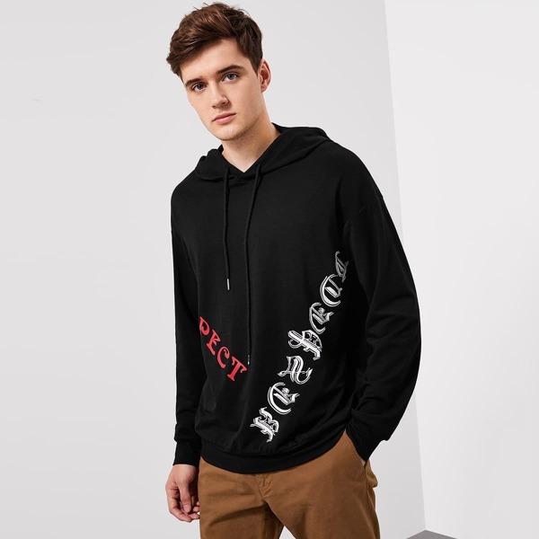 

Men Letter Print Drawstring Hoodie, Black